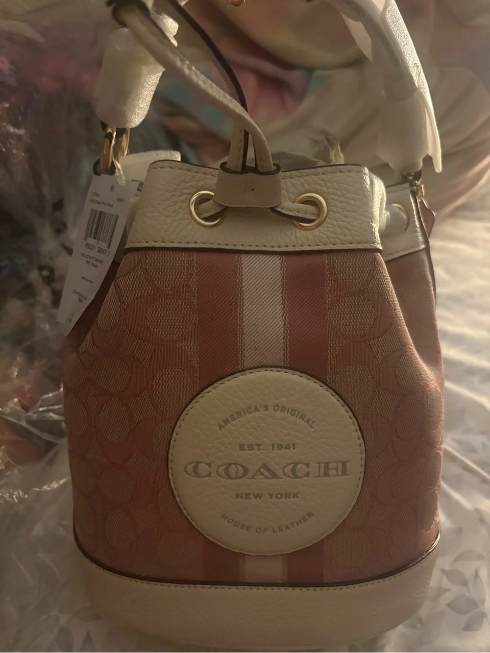 COACH Pink and Cream Signature Stripe Drawstring Bucket Shoulder Bag